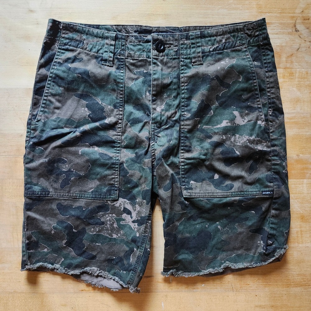 O'Neill Camo Utility Shorts Mens 32 Woodland Camo Military Style Raw Hem Stretch